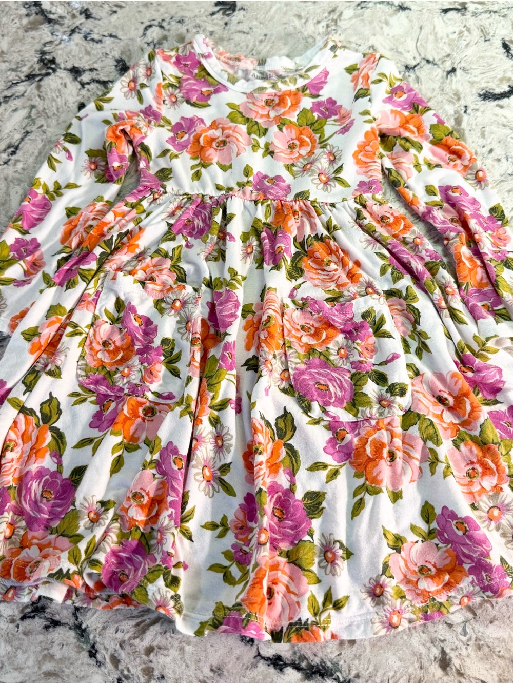 Angel Dear White Floral Long-Sleeve Dress with Pink & Orange Flowers